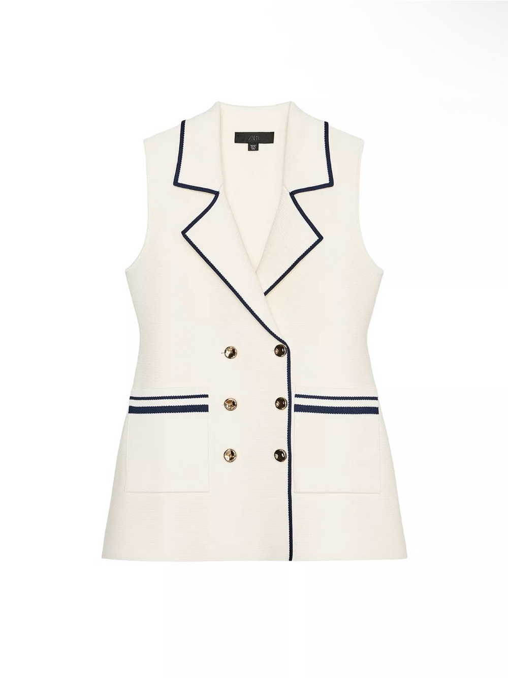 Zara Cream Sleeveless Double-Breasted Blazer Vest with Navy Trim
